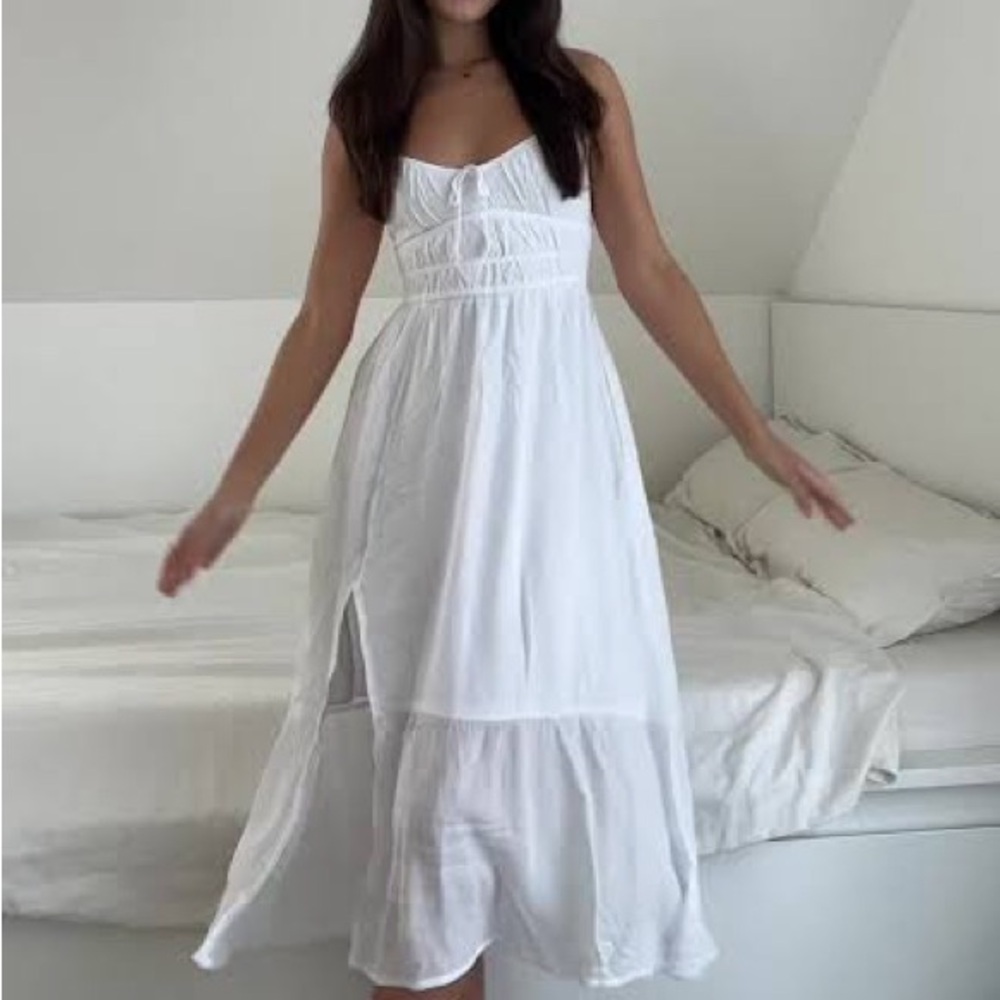 Hollister White Midi Dress with Slit (Channeled Bodice Midi Dress)